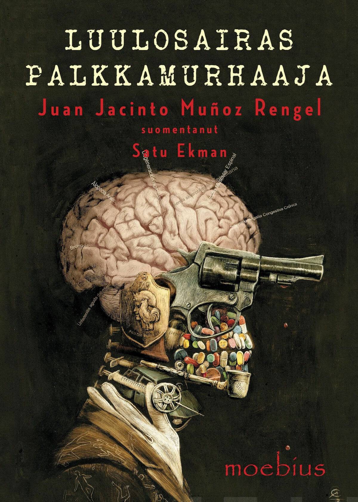 Luulosairas palkkamurhaaja -kirjan kannessa on kuva ihmisen päästä ilman ihoa ja lihaksia. Aivot ovat näkyvillä. Silmän paikalla on revolveri, hampaat rakentuvat pillereistä, leuassa on piippu ja kaulalla lääkeruiskuja.