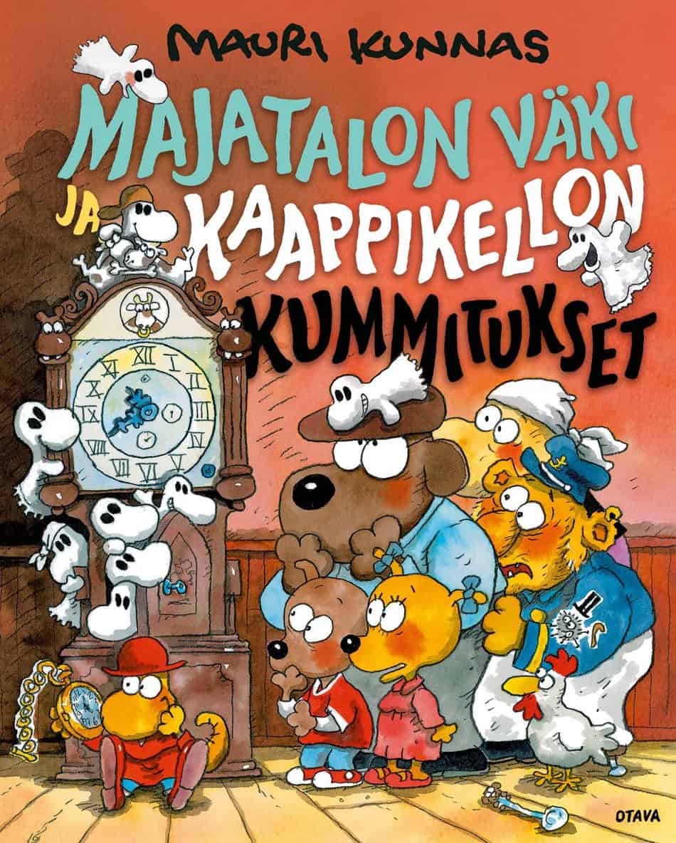 Majatalon väki ja kaappikellon kummitukset -kirjan kannessa on piirros majatalon väestä ihmettelemässä kaappikelloa, joka pursuaa pikkukummituksia.