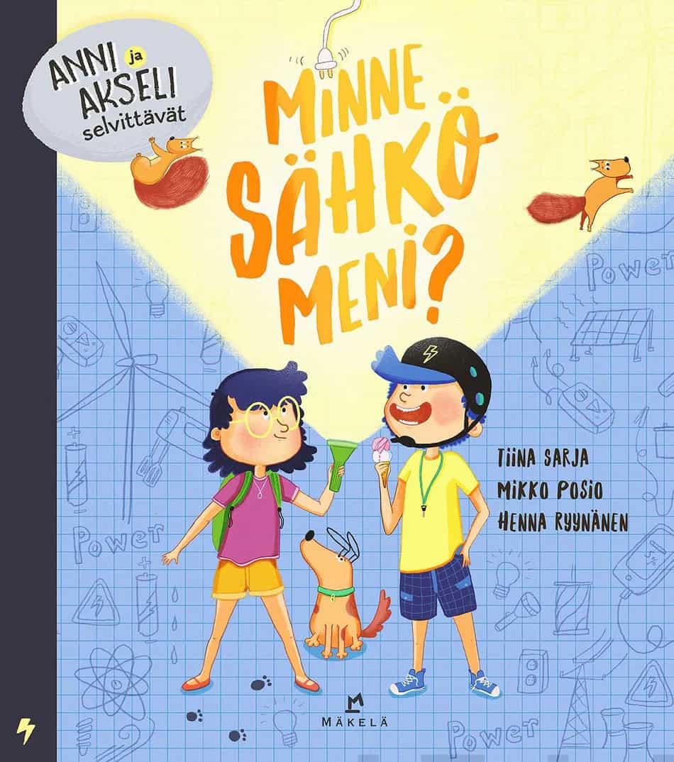 Minne sähkö meni? -kirjan kannessa on piirros kahdesta lapsesta ja koirasta. Toinen lapsista pitelee taskulamppua, joka osoittaa ylöspäin; toinen syö jäätelöä.