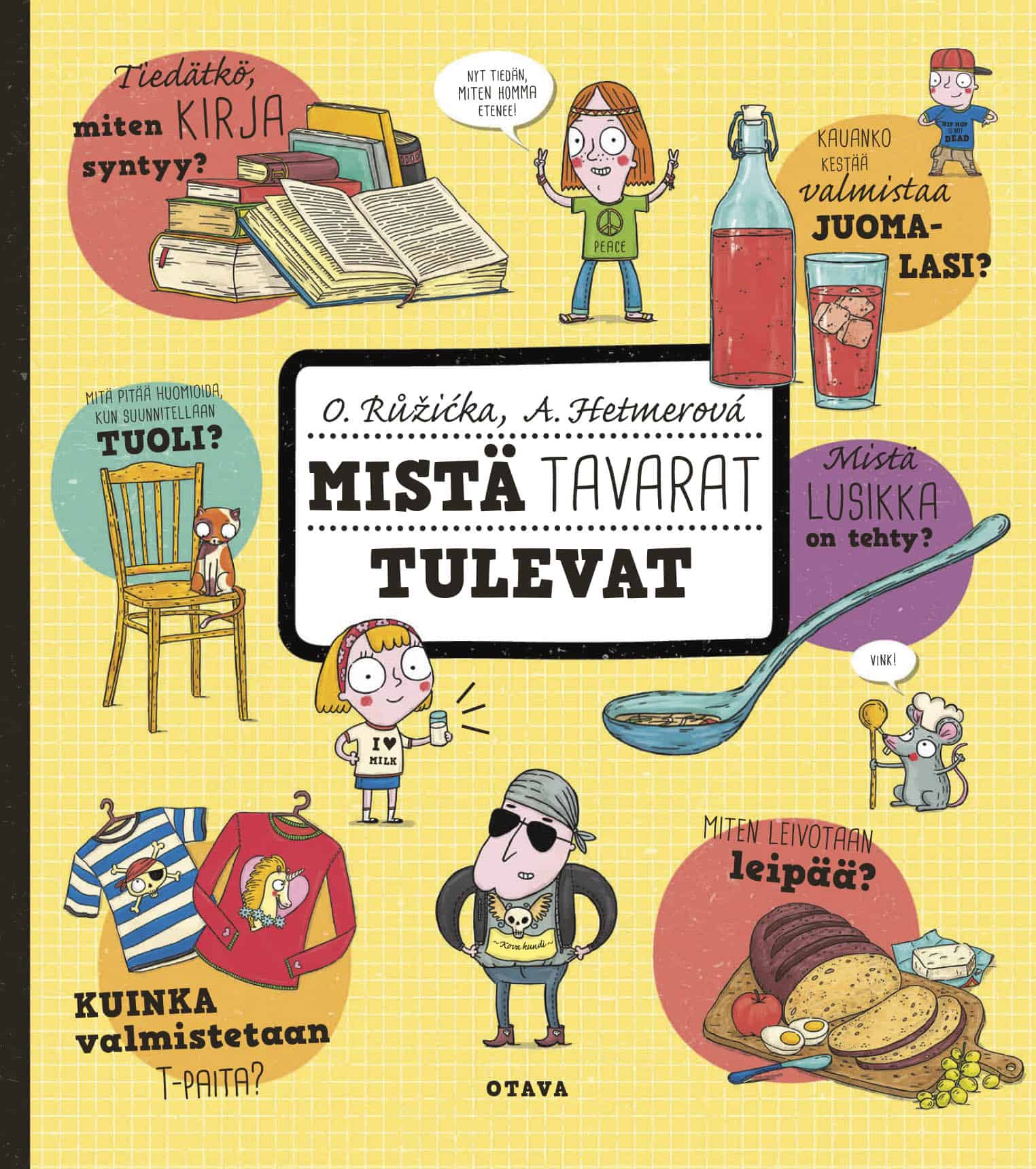 Mistä tavarat tulevat -kirjan kannessa on piirroksia tavaroista, joiden valmistusta kirjassa esitellään: kirjoja, tuoli, t-paitoja, leipää, lusikka ja juomalasi. Lisäksi on piirroksia ihmisistä.