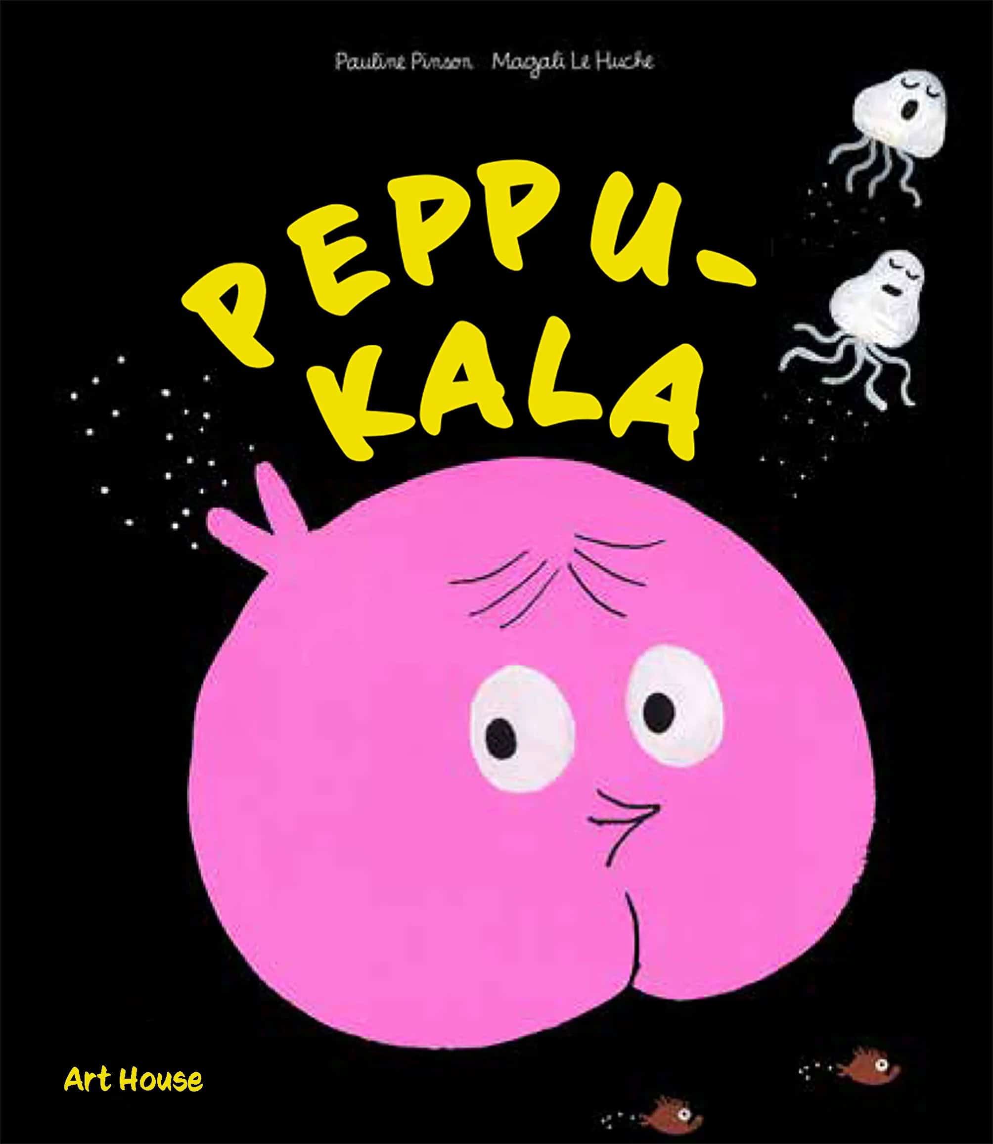 Peppukalan kannessa on yksinkertainen piirros pinkistä pyllyn muotoisesta kalasta.