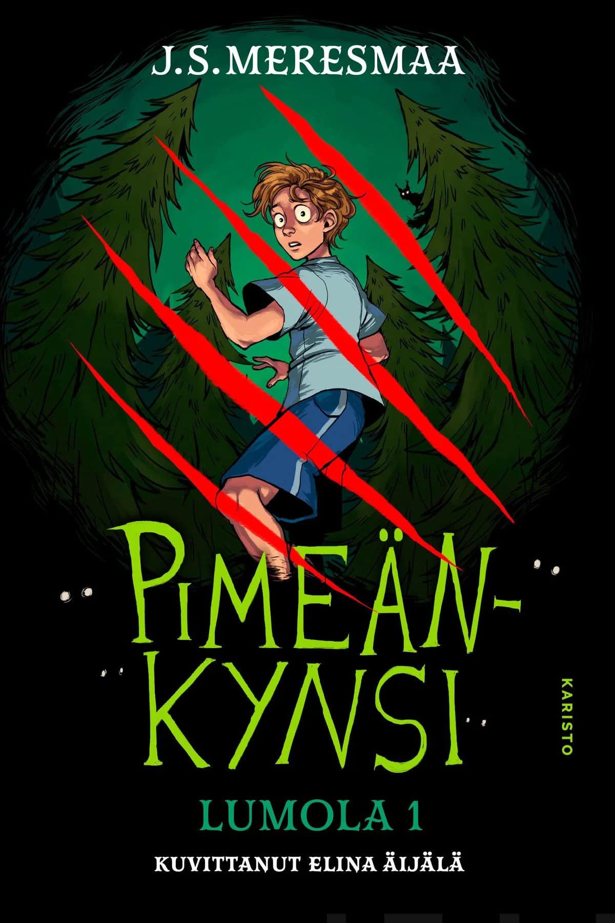 Pimeänkynsi-kirjan kannessa on piirros teinipojasta synkkien kuusten keskellä. Poika katsoo pelästyneenä kohti lukijaa ja kuvan päällä menee neljä punaista kynnenjälkeä.
