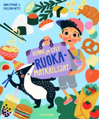 Ruokamatkailijat-kirjan piirroskannessa on poika kädessään matkalaukku, jossa lukee kirjan nimi. Pojan vieressä on syömäpuikkoja pitelevä pehmomäyrä ja ympärillä erilaisia ruokia maailmalta, muun muassa bobateetä, pretzeliä, sushia, croissant, tortilla ja hampurilainen.