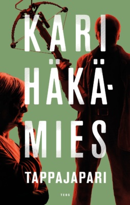 Tappajaparin kannessa on kaksi lähinnä siluettina näyttäytyvää ihmistä, leukaansa pitelevä nainen ja varsijousta pitelevä mies.