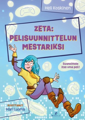 Zeta : Pelisuunnittelun mestariksi -kirjan kannessa on Koskisen kirjoista tuttu Zeta-hahmo pelihahmon asussa leijumassa ilmassa ympärillään erilaisia peleihin liittyviä esineitä.