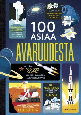 100 asiaa avaruudesta -kirjan kannessa on pieniä piirroskuvia avaruusaiheista: Europan jättimäinen jäälähde, madonreikä, pari avaruusrakettia, Mars-luotain ja astronautti.