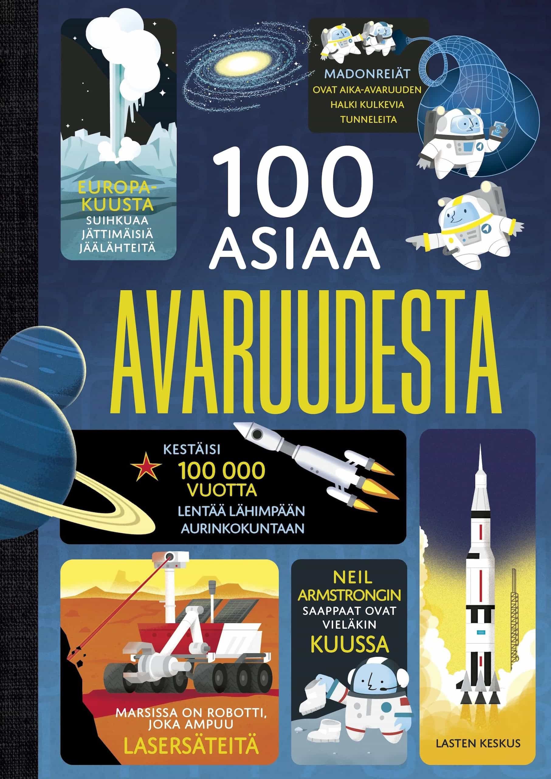 100 asiaa avaruudesta -kirjan kannessa on pieniä piirroskuvia avaruusaiheista: Europan jättimäinen jäälähde, madonreikä, pari avaruusrakettia, Mars-luotain ja astronautti.