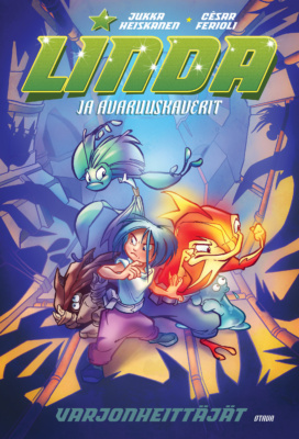Linda ja avaruuskaverit -sarjakuvan kannessa on piirros Lindasta ja tämän neljästä eri elementtiä edustavasta avaruusolentokaverista.
