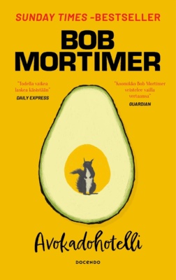 Avokadohotellin kannessa on keltaisella taustalla piirretty avokadon poikkileikkaus. Avokadon keltaisen kiven kohdalla on istuvan oravan siluetti.