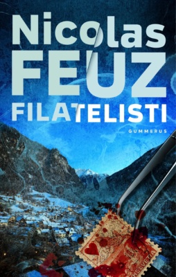 Filatelistin kannessa on sinisävyinen talvinen alppikylä vuorilaaksossa. Etualalla on pinsetit, jotka pitelevät veristä sveitsiläistä postimerkkiä.