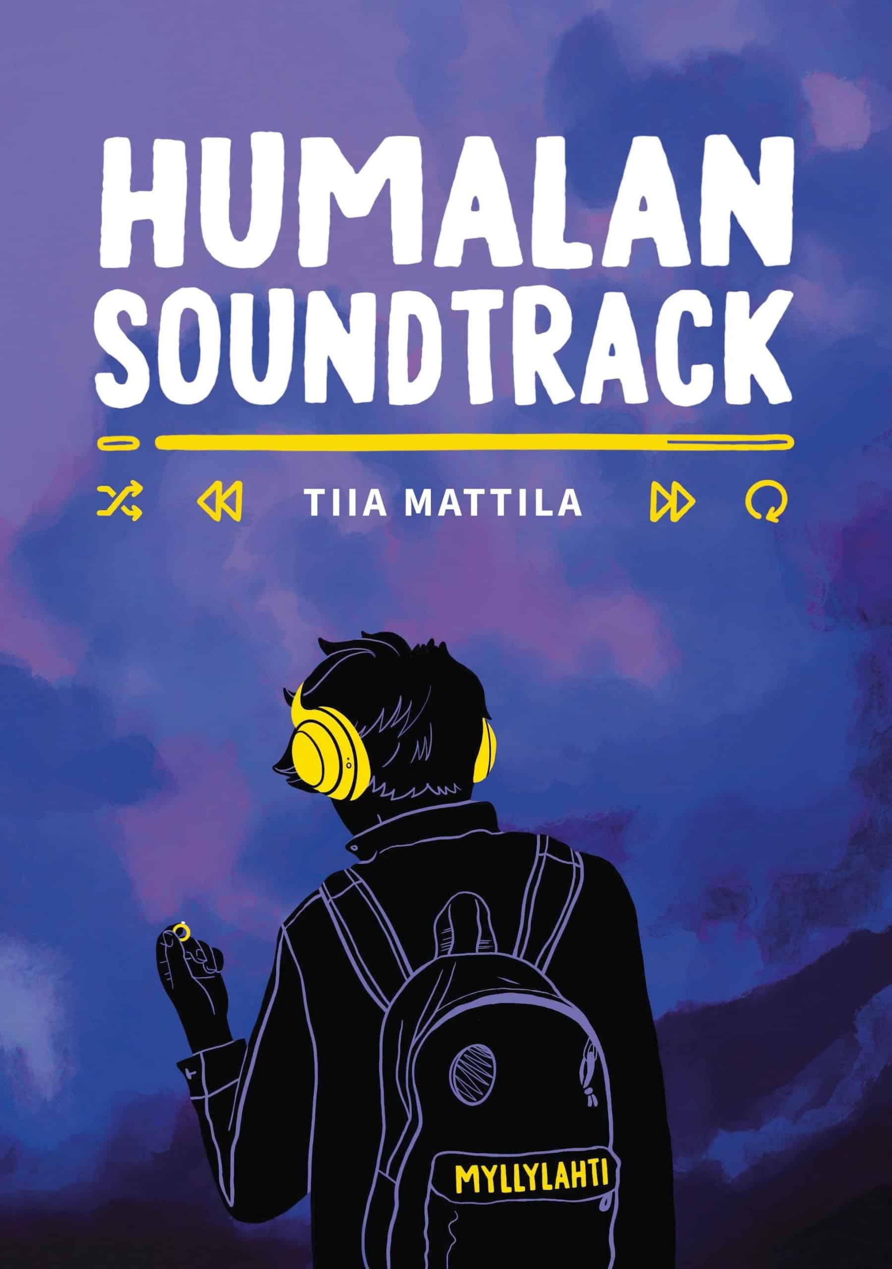 Humalan soundtrack -kirjan kannessa on piirros pojasta, jolla on reppu selässä ja kuulokkeet korvilla. Poika pitelee kädessään sormusta. Hahmo on muuten musta ja violetein viivoin piirretty, mutta kuulokkeet ja sormus erottuvat keltaisina. Kirjan nimen alla on musiikkisoittimen nappulat. Kustantamon nimi, Myllylahti, on kirkkaankeltaisin kirjaimin pojan repussa.