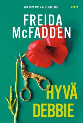 Hyvä Debbie -kirjan kannessa on vihreällä taustalla yksi punainen unikko, jonka varsi on leikattu poikki kullanvärisillä linnun näköisillä saksilla.