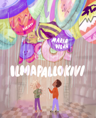 Ilmapallokivi-kirjan kannessa on piirros kahdesta pojasta valtavan vappupallopaljouden alla. Toisella pojista on sylissään iso kivi.