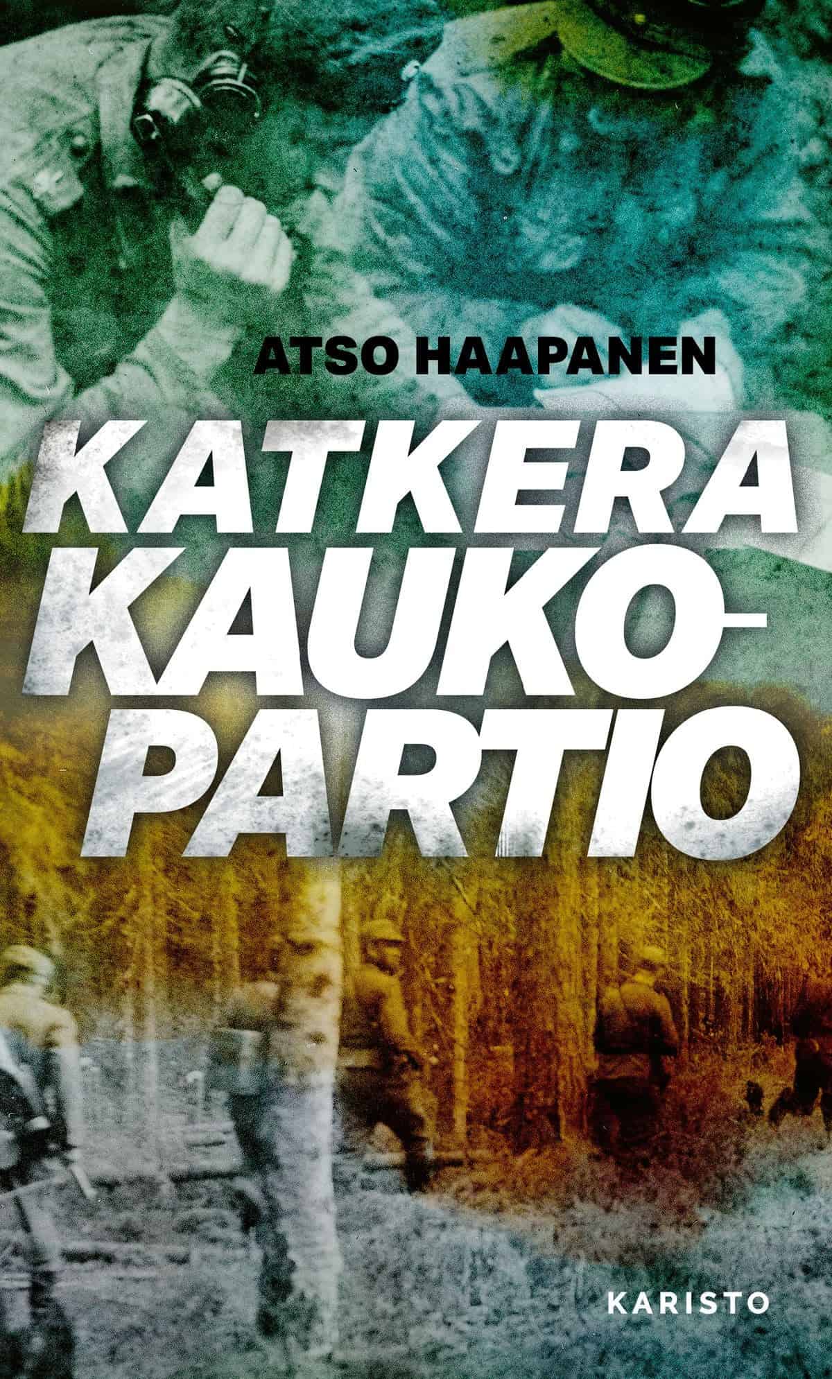 Katkera kaukopartio -kirjan kannessa on sota-aikaisia valokuvia: yläreunassa kaksi sotilasta kenttäradion parissa ja alareunassa metsässä kulkeva partio. Kannen yläosa on väritetty turkoosiksi, keskiosa seepianoranssiksi ja alaosa on harmaa.