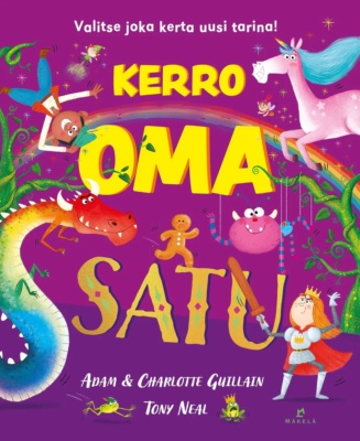 Kerro oma satu -kirjan kannessa on piirroksia erilaisista satuhahmoista: lohikäärme, yksisarvinen, Jaakko ja pavunvarsi, keijuja, piparkakkupoika ja ritariprinsessa puumiekan kanssa.