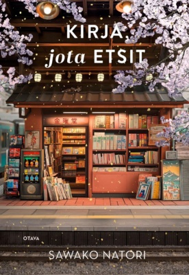 Kirja, jota etsit -kirjan kannessa on pieni japanilainen kirjakauppa rautatieaseman laiturilla (etualalla näkyy raiteita). Kuvaa reunustavat kukkivat kirsikkapuut ja ilmassa leijuu kirsikankukkia.