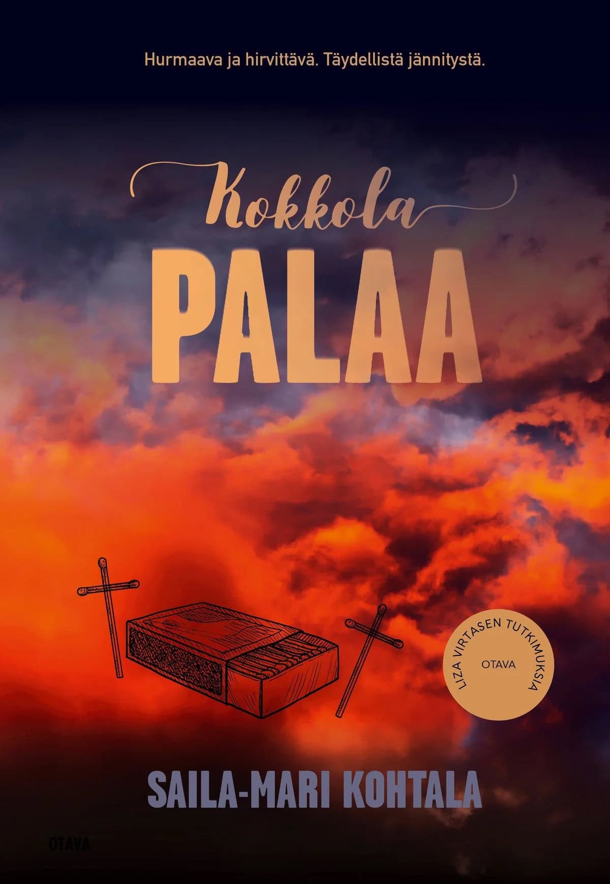 Kokkola palaa -kirjan kannessa on syvän oransseja pilviä, joiden päällä on viivapiirros tulitikkurasiasta ja kahdesta tulitikuista tehdystä rististä.