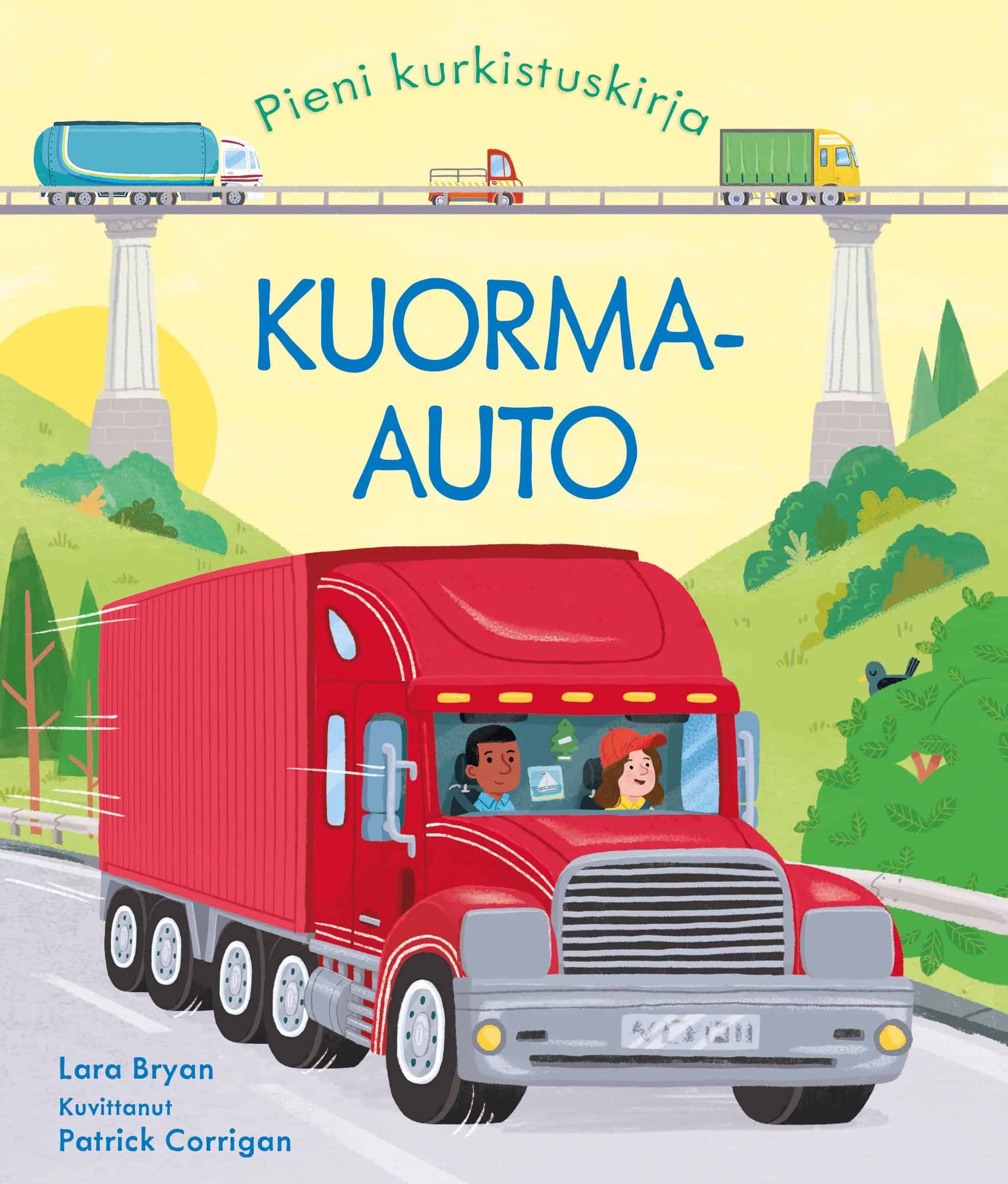 Kuorma-auto-kirjan kannessa on piirros punaisesta pitkänokkaisesta ja viisiakselisesta kuorma-autosta. Taustalla kulkee korkea silta, jonka päällä on kolme erilaista kuorma-autoa.