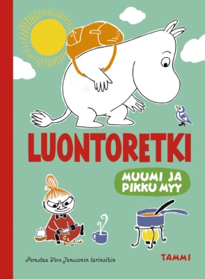 Luontoretki-kirjan kannessa on piirros reppuselkäisestä Muumipeikosta katsomassa pikkulintua. Pikku Myy veistelee kaarnalaivaa vieressään retkikeittimellä oleva kasari.