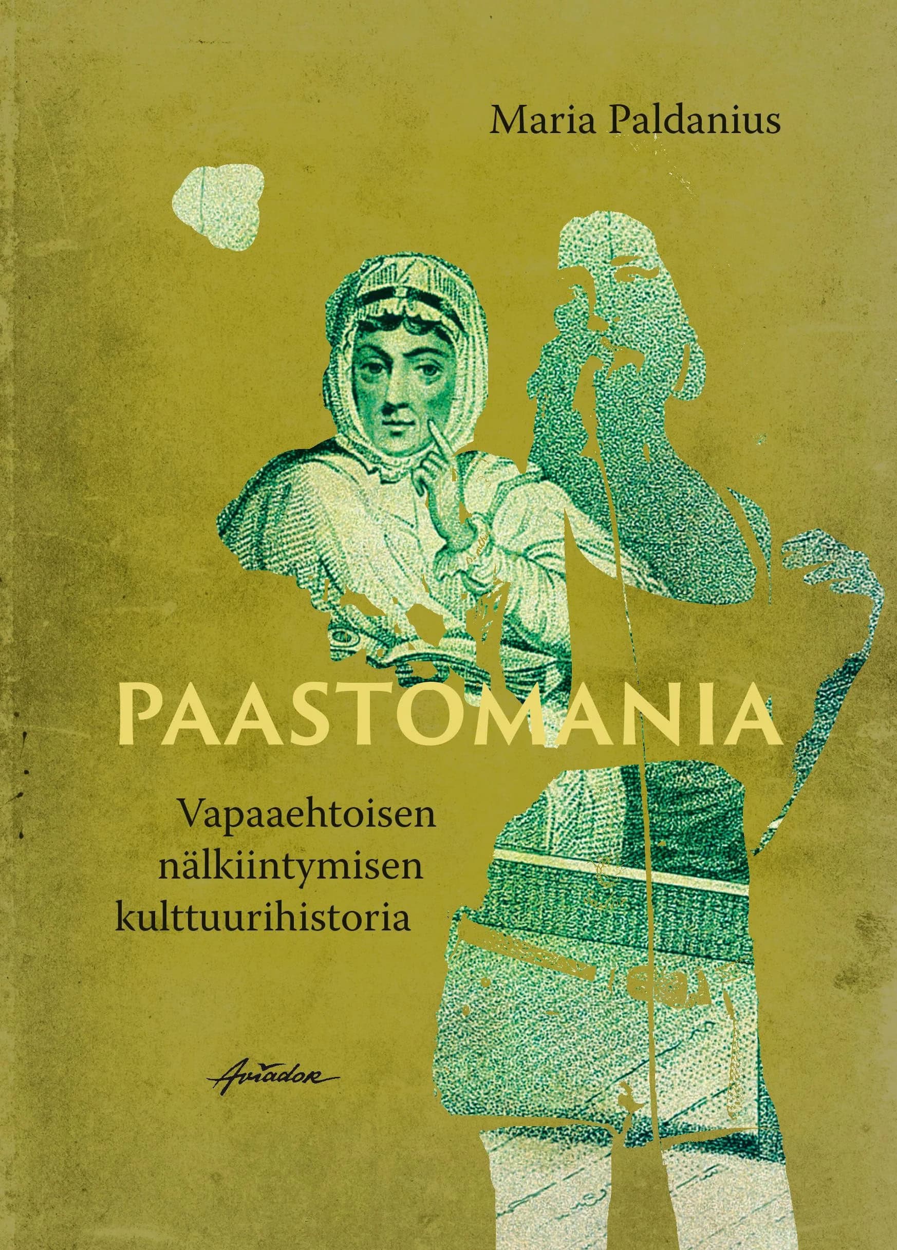 Paastomanian oliivinvihreässä kannessa on vihreällä historiallisen naishahmon osittainen kuva, jonka vieressä on epämääräinen ja repaleinen ihmishahmon siluetti.
