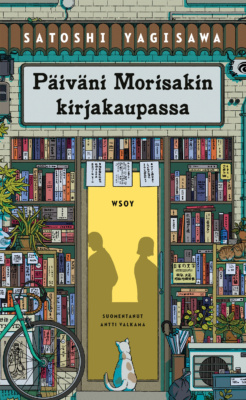 Päiväni Morisakin kirjakaupassa -kirjan kannessa on japanilaisen kirjakaupan ulko-ovi. Seinät ovat täynnä kirjoja ja oven läpi näkyy kahden toisiinsa etäisyyttä pitävän hahmon, oletettavasti miehen ja naisen, siluetit. Oven edessä istuu vaalea kissa ja oven vierellä näkyy polkupyörä.