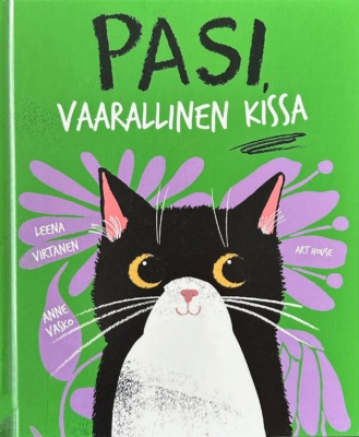 Pasi, vaarallinen kissa -kirjan kannessa on piirros mustavalkoisen kissan päästä.