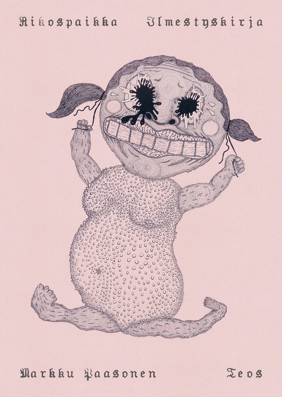 Rikospaikka / Ilmestyskirja -teoksen kannessa on Elina Merenmiehen teos "She Kissed the Snake and Didn't Die", jossa on omituinen lapsi- tai nukkehahmo, joka kiskoo lettinauhoistaan. Hahmon silmät ovat puhjenneet roiskeiksi, suu on luonnottoman leveä ja keho jonkinlaisten paiseiden peitossa.