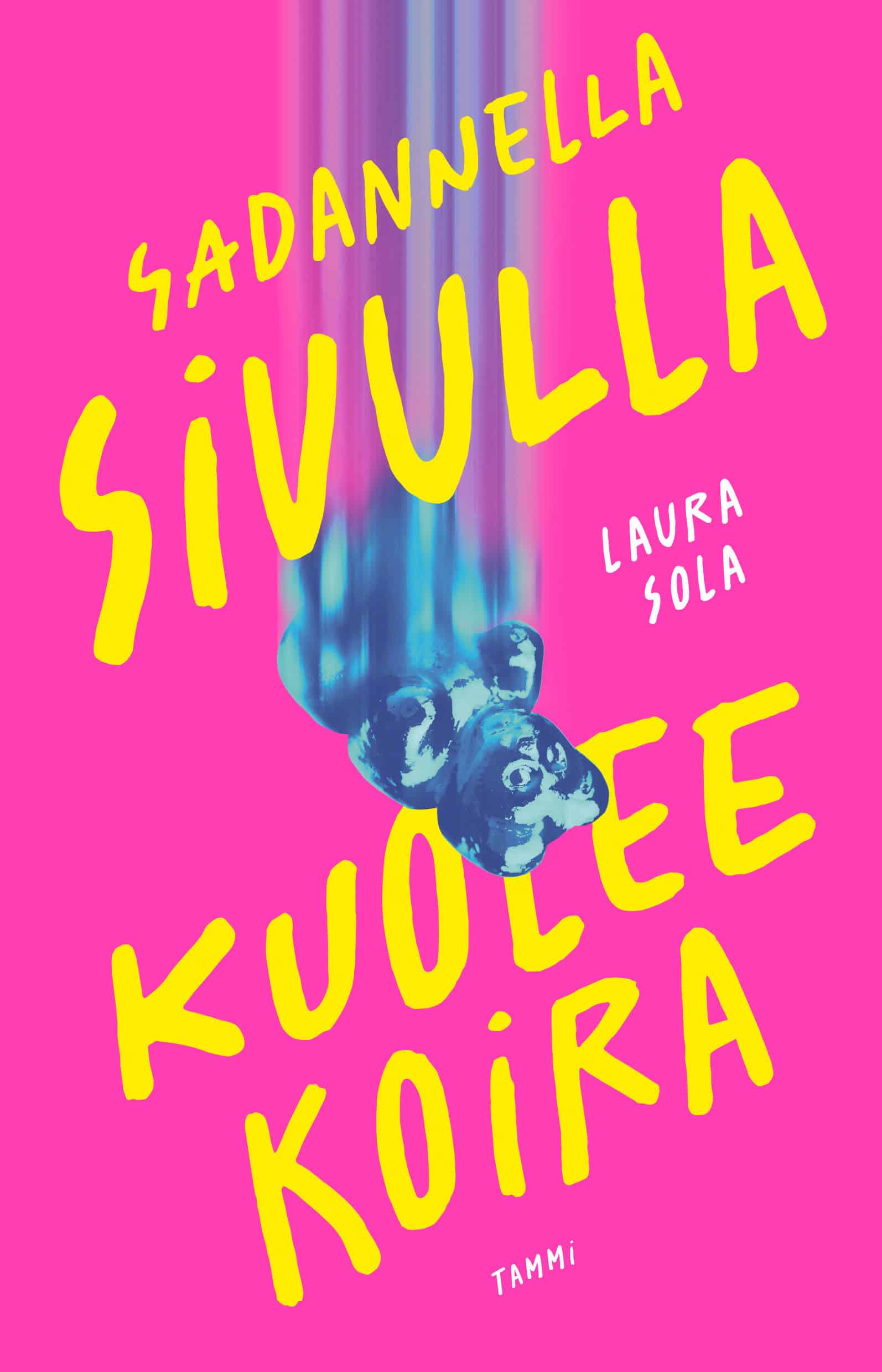 Sadannella sivulla kuolee koira -kirjan kansi on neonpinkki. Kirjan nimi lukee isoilla keltaisilla kirjaimilla ja kannen yläreunasta putoaa pitkin vauhtiviivoin sininen piirretty nallekarkki.