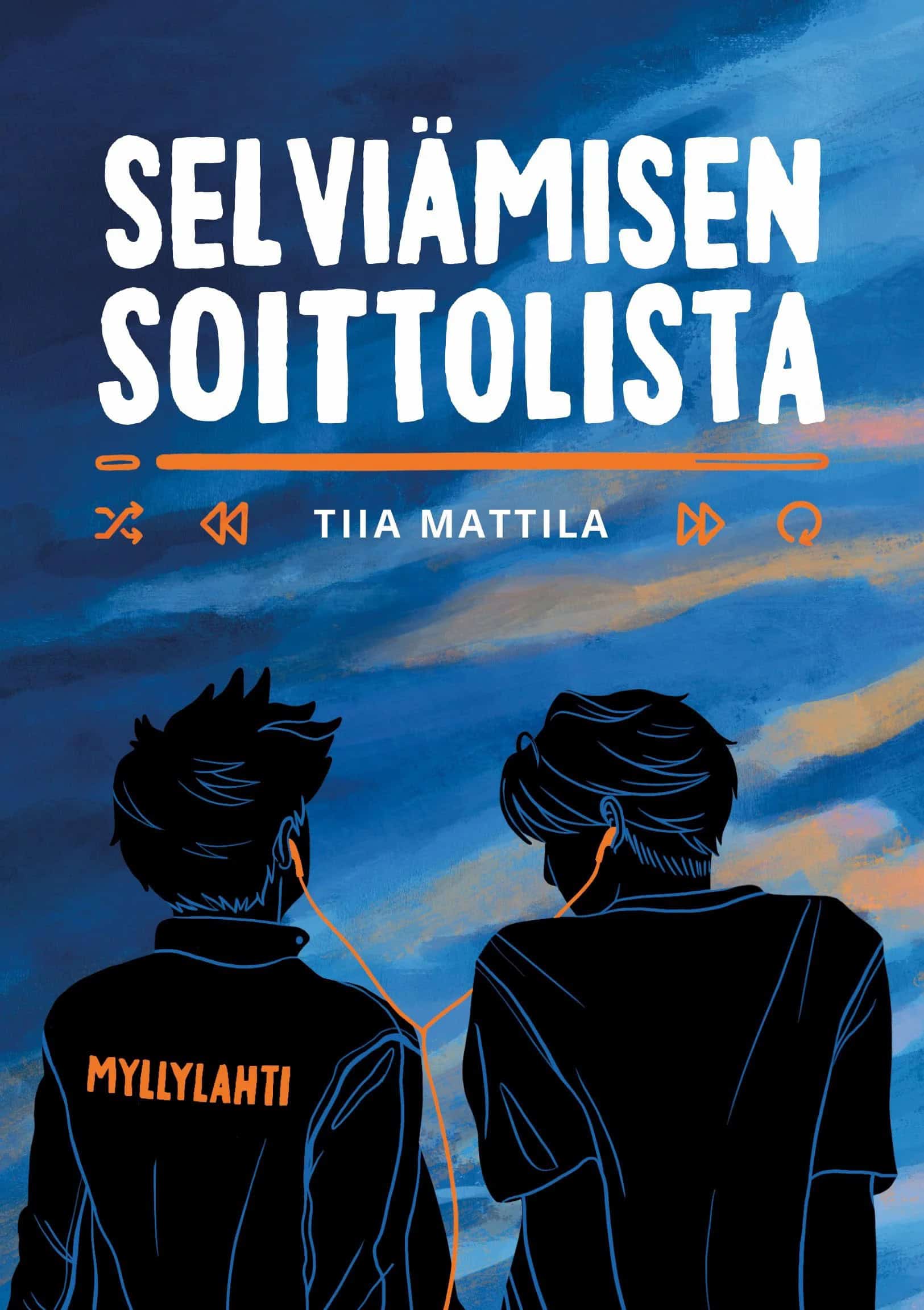 Selviämisen soittolista -kirjan kannessa on kaksi mustina siluetteina kapein sinisin viivoin piirrettyä poikaa istumassa vierekkäin. Pojat kuuntelevat jaetuilla nappikuulokkeilla, jotka erottuvat kuvasta selvästi oransseina. Kirjan nimen alla on musiikkisoittimen kontrollinapit. Myllylahti-kustantamon nimi lukee oranssein kirjaimin toisen pojan takin selässä.