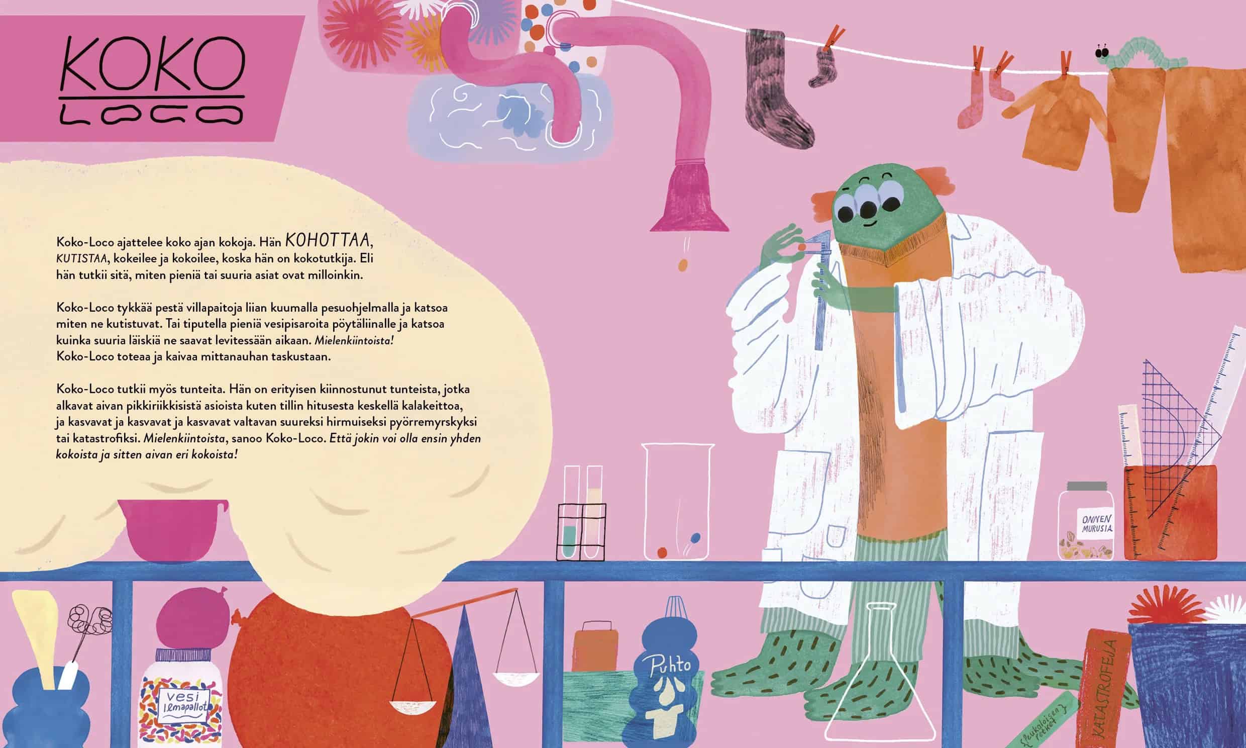 Tunnemuskelit-kirjan aukeama, jossa valkoiseen laboratoriotakkiin pukeutunut vihreä kolmisilmäinen ja kolmijalkainen Koko-Loco mittailee pienen oranssin pallon halkaisijaa. Laboratorion pöydällä on valtaviin mittoihin paisunut pullataikina, mittavälineitä ja purkki, jossa on "onnen murusia". Pyykkinaru menee yläreunan poikki ja siellä roikkuu pesussa kutistuneita villavaatteita. 
