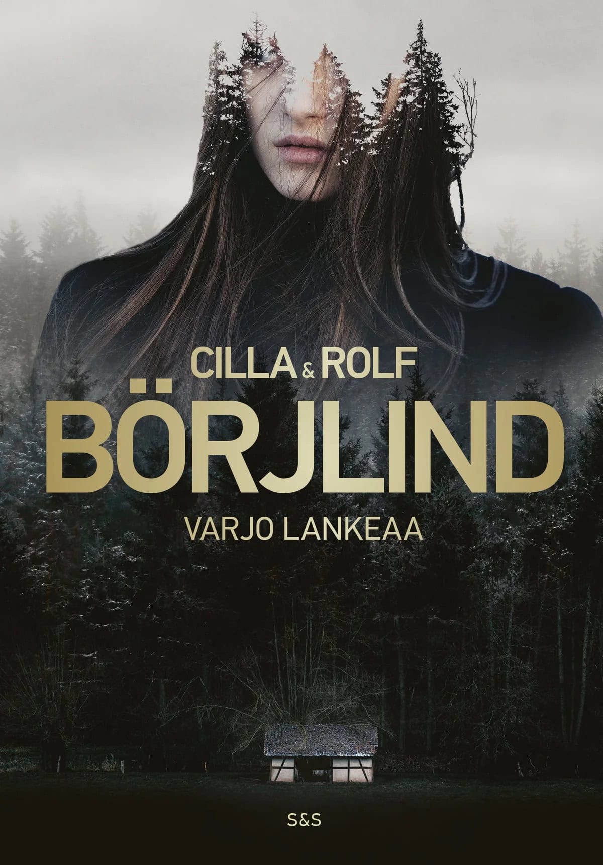 Varjo lankeaa -kirjan kannessa on pieni mökki synkän metsän laidassa. Kannen yläosassa on naisen kuva hartioista ylöspäin. Naisen kasvot näkyvät vain osittain ja puiden latvojen siluetin maskaamana.