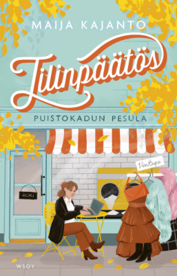 Nainen istuu Puistokadun pesulan edessä keltaisella tuolilla keltaisen pikkupöydän ääressä ja naputtelee kannettavaa tietokonetta. Vieressä on näyttäviä vaatteita rekissä ja niiden yllä kyltti, jossa lukee "Vintage".