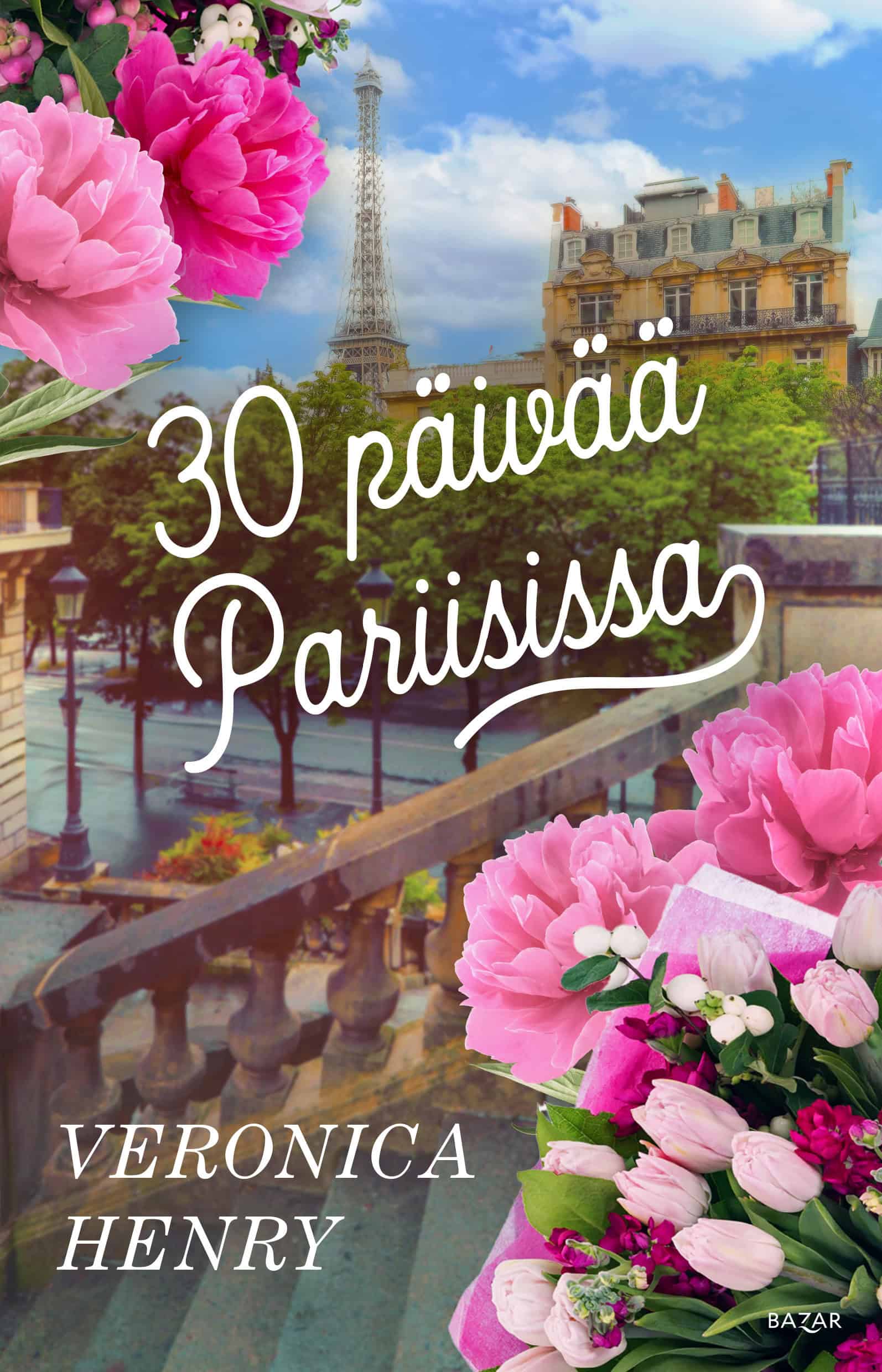30 päivää Pariisissa -kirjan kannessa on pariisilainen katunäkymä, jossa näkyy taustalla Eiffel-torni. Kannen kulmissa on kaksi kukkakimppua, joissa on vaaleanpunaisia kukkia.