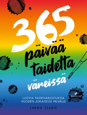 365 päivää taidetta väreissä -kirjan kannessa on sateenkaaren väreissä kulkeva väriliuku yläreunan punaisesta alareunan violettiin.