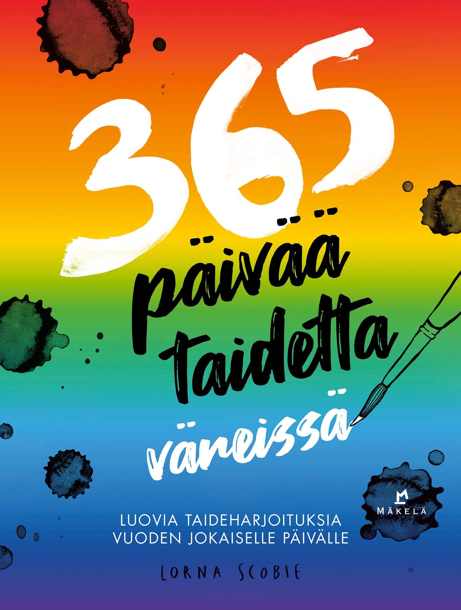 365 päivää taidetta väreissä -kirjan kannessa on sateenkaaren väreissä kulkeva väriliuku yläreunan punaisesta alareunan violettiin.