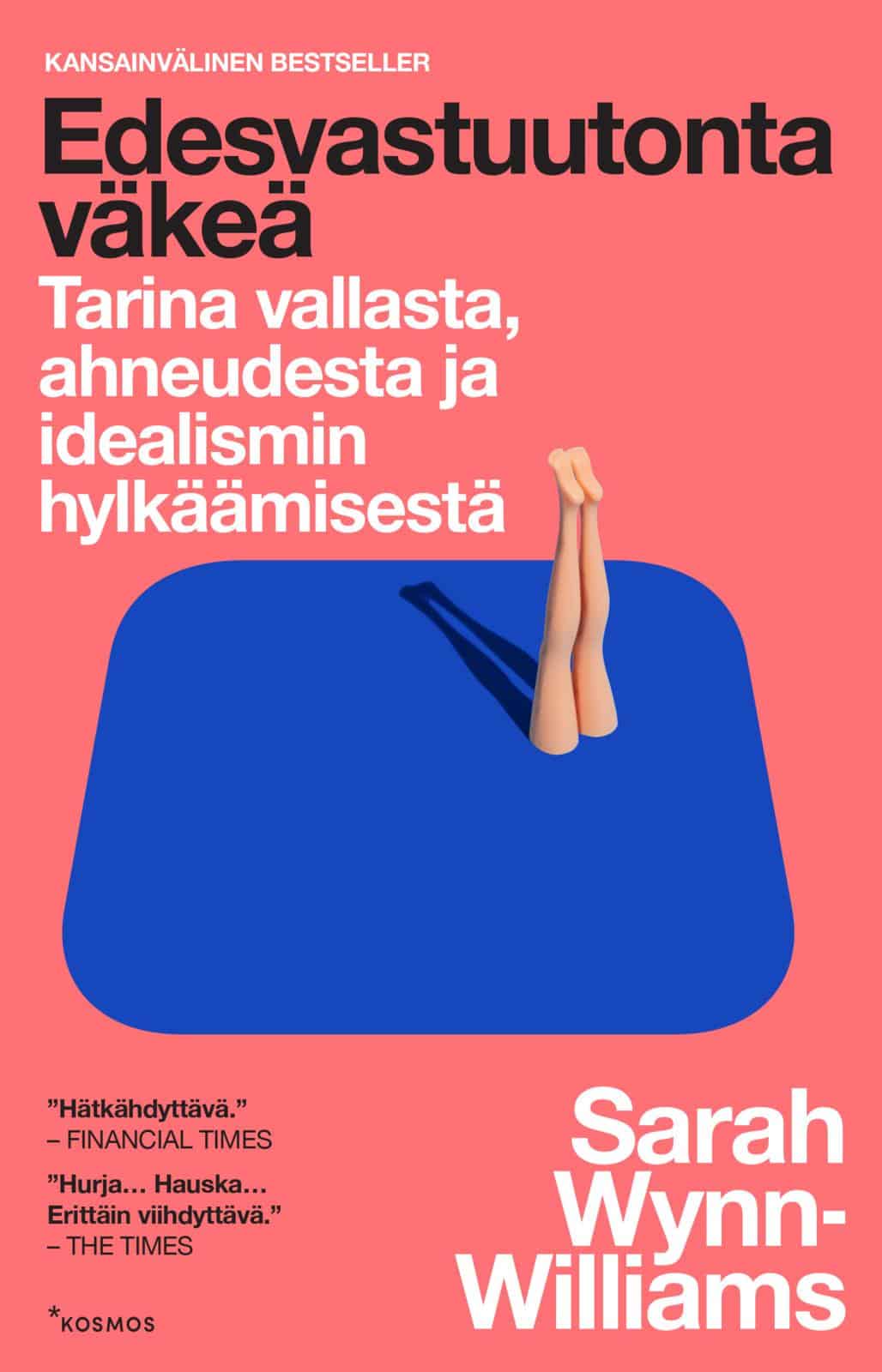 Edesvastuutonta väkeä kirjan lohenpunaisessa kannessa on uima-allasta mallintava sininen pyöristetty neliö, josta törröttävät pystyssä ihmisen jalat.