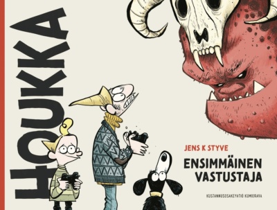Ensimmäinen vastustaja -kirjan kannessa on narrinhattuiset isä ja poika sekä koira. Isällä ja pojalla on peliohjaimet käsissään ja ruudun oikeasta reunasta tulee valtava punainen hirviö, jolla on iso kallo hattuna.