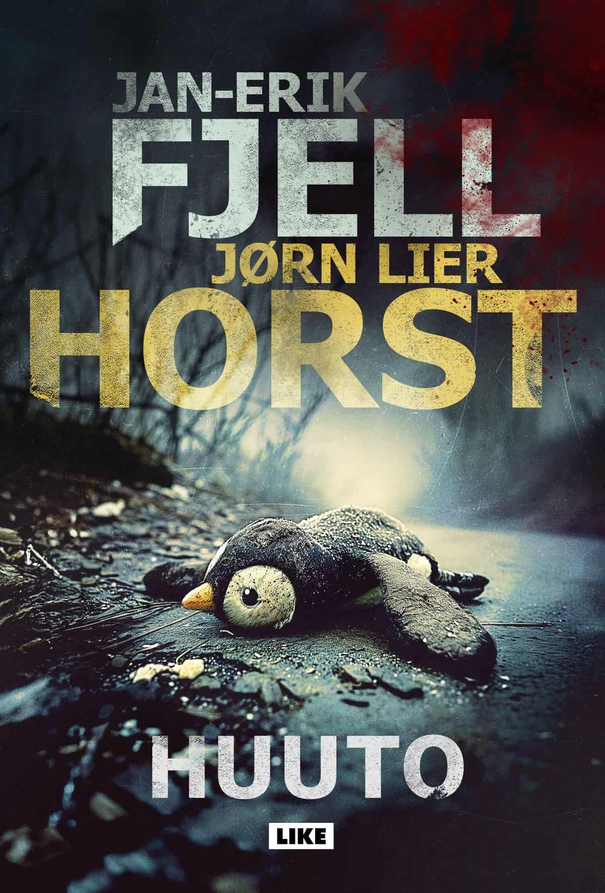 Huudon kannessa on lähikuva maassa lojuvasta pingviinipehmolelusta. Kannen oikea yläkulma on veritahroissa ja kuva on naarmuilla ja kulunut.