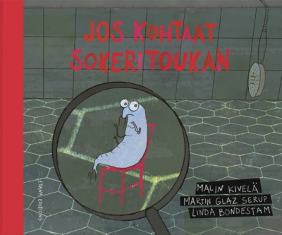 Jos kohtaat sokeritoukan -kirjan kannessa on piirros kylpyhuoneen laattalattiasta. Suurennuslasi näyttää pienellä punaisella tuolilla istuvan sokeritoukan.