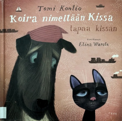 Koira nimeltään Kissa tapaa kissan -kirjan kannessa on piirros pipopäisestä koirasta, joka katselee mustaa kissaa. Taustalla näkyy merta ja rahtilaivoja.