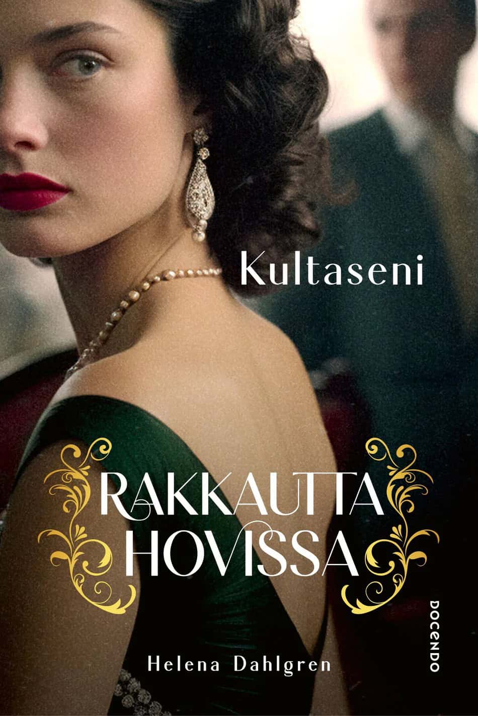Kultaseni-kirjan kannessa on rakeinen kuva juhla-asuisesta naisesta. Nainen on kuvattu selkäpuolelta ja hän katsoo olkansa yli. Naisella on helminauha kaulassa ja isot, näyttävät korvakorut. Taustalla näkyy sumea pukuun pukeutunut mies.