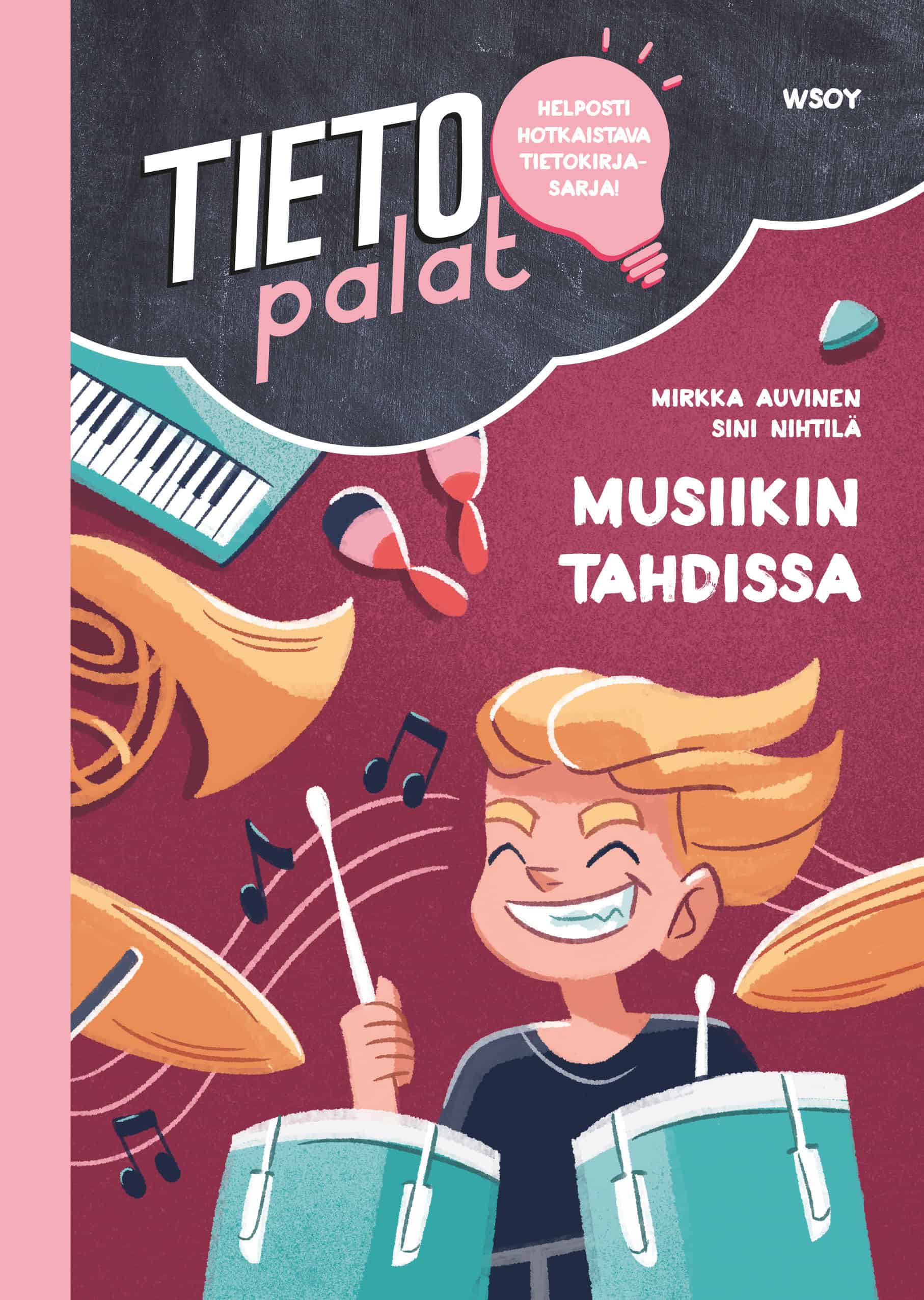 Musiikin tahdissa -kirjan kannessa on piirros nuoresta rumpalista rumpusetin takana. Kannessa näkyy myös muita soittimia: koskettimet, marakassit ja käyrätorvi.