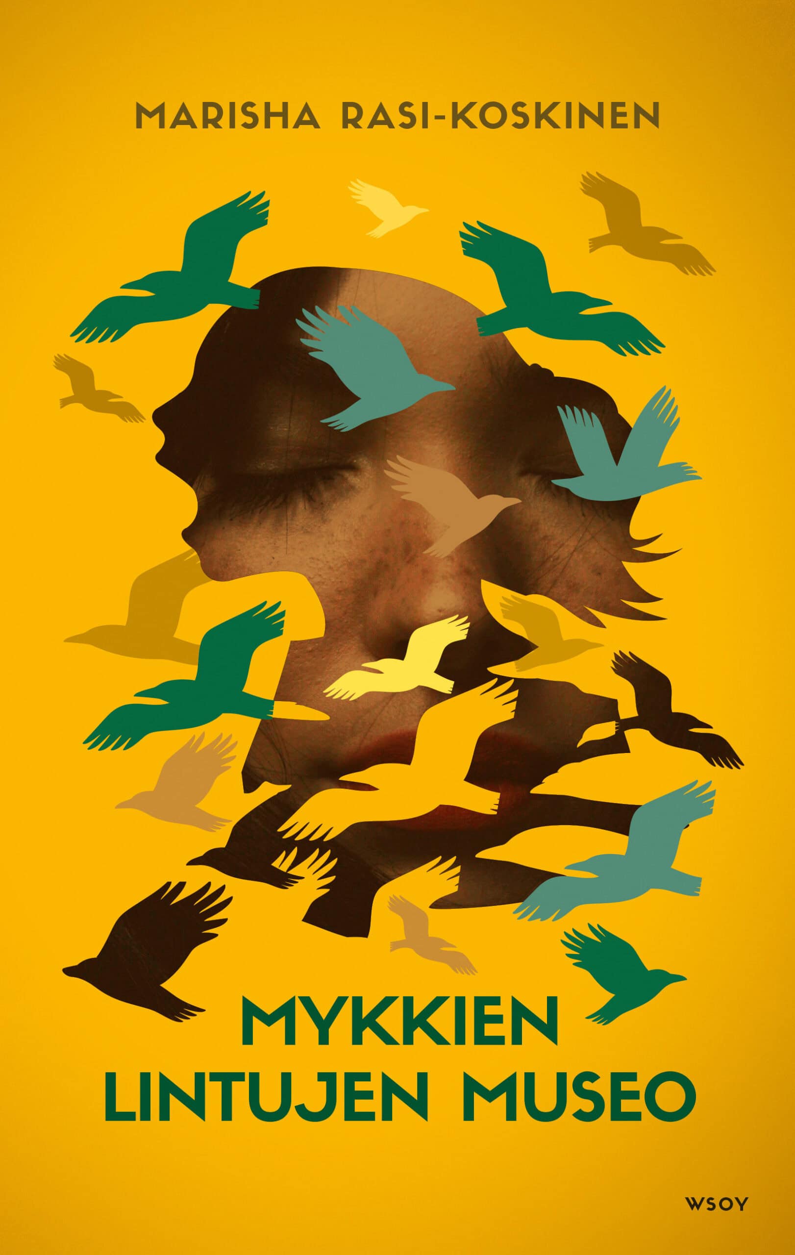 Mykkien lintujen museo -kirjan kannessa on keltaisella taustalla lapsen rintakuva siluettina. Lapsella on suu auki, ja lasta ympäröi parvi lintuja.