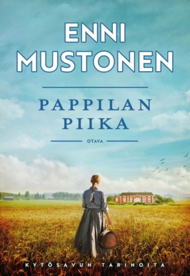 Pappilan piika -kirjan kannessa on vanhanaikaiseen asuun pukeutunut nuori nainen selin kameraan viljapellolla. Kaukana taustalla on iso punainen puutalo.