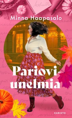 Valkoiseen puseroon ja punaiseen kukkahameeseen pukeutunut nainen kulkee tummat hiukset hulmuten taustalla näkyvän talon ohi.