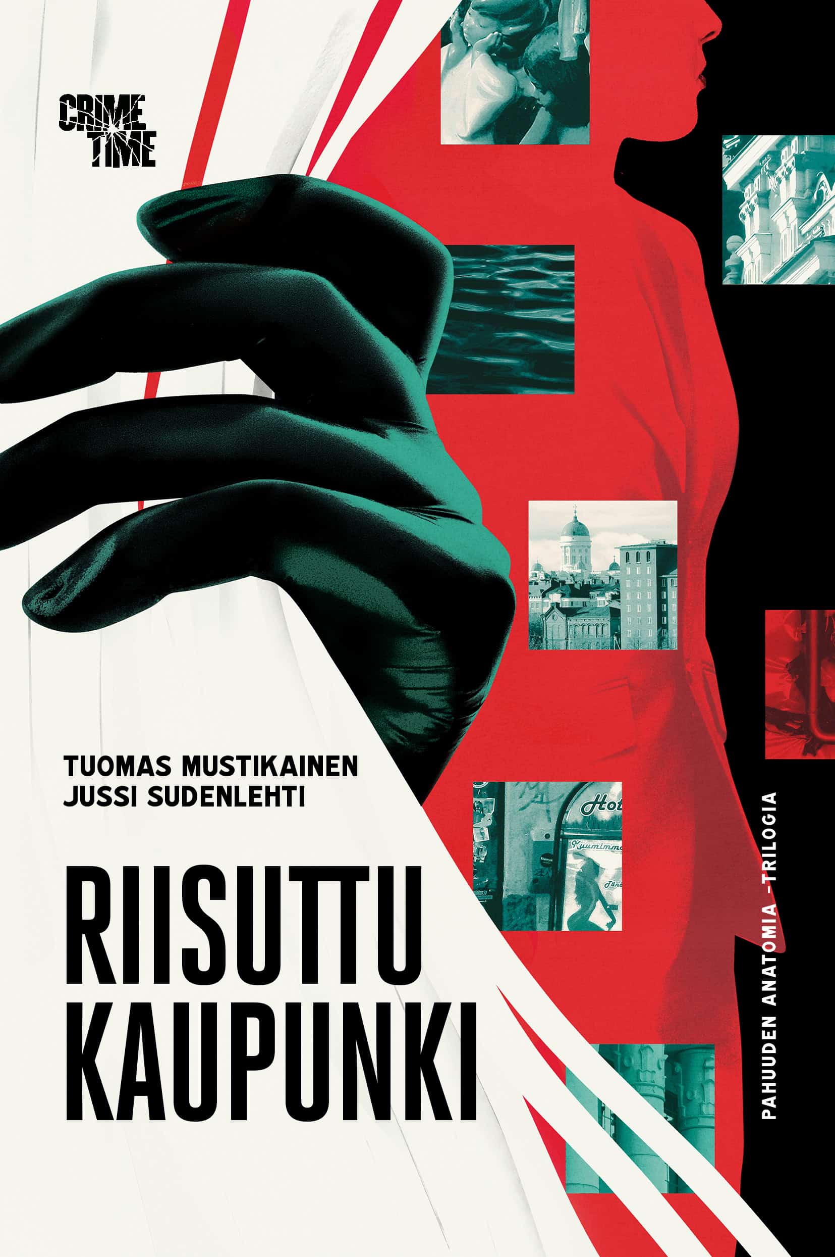 Riisuttu kaupunki -kirjan kannessa musta käsi raottaa valkoista verhoa. Takaa paljastuu punainen ihmishahmo, jonka päällä on pieniä kuvia kaupungin yksityiskohdista, mainoksia ja arkkitehtuuria.