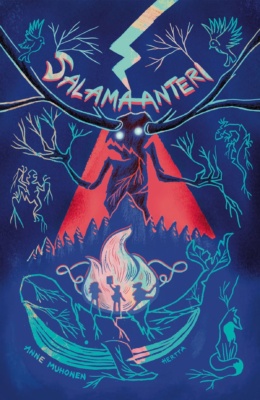 Salama-Anteri-kirjan kannessa on sinisävyinen linoprinttikuva kolmesta nuoresta valaan selässä, edessään iso sarvipäinen olento, johon iskee salama.