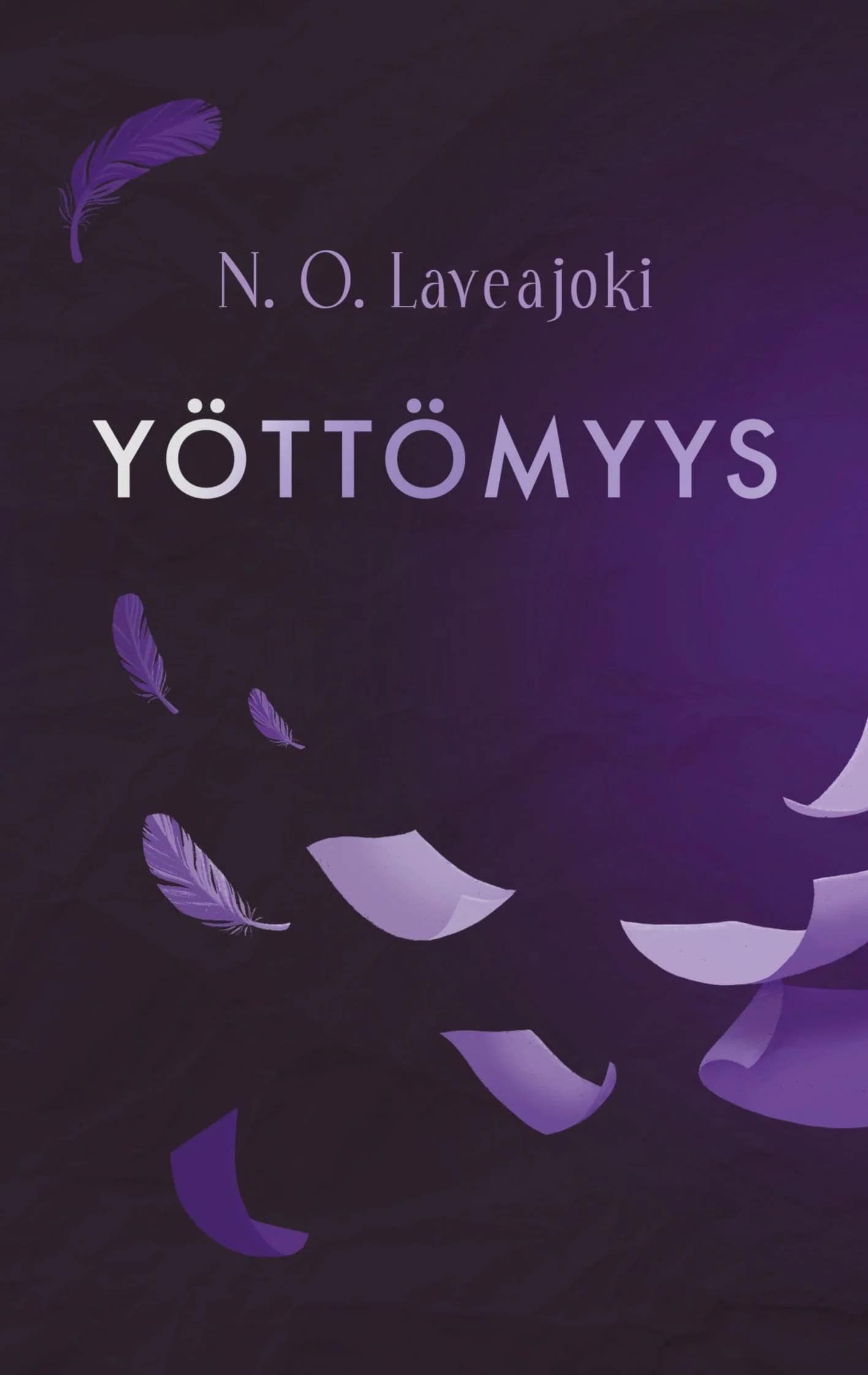 Yöttömyyden kannessa on violetilla taustalla kannen poikki lentäviä paperiarkkeja.