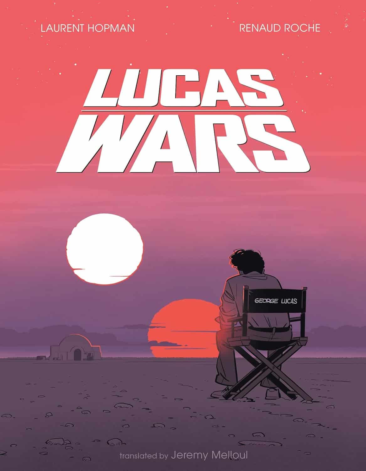 Lucas Wars -kirjan kannessa on piirros George Lucasista istumassa ohjaajantuolilla katsellen auringonlaskuun. Pinkin ja violetin sävyisessä auringonlaskussa näkyy punaisena laskeva aurinko ja sen vierellä toinen, kirkkaan valkoinen aurinko.