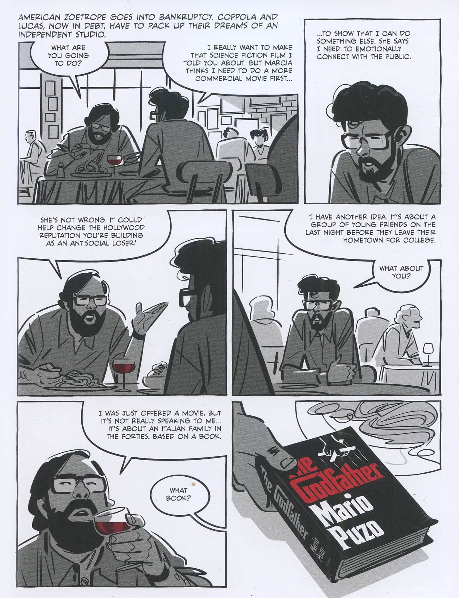 Kuusiruutuinen sarjakuvasivu, jossa Francis Ford Coppola ja George Lucas istuvat ravintolassa. Coppola syö ja juo viiniä, Lucasilla ei ole ruokaa edessään. Kuva on mustavalkoinen ja vahvoilla harmaan sävyillä väritetty, mutta kuvassa on pieniä punaisia yksityiskohtia: Coppolan viinilasin punaviini ja viimeisessä ruudussa näkyvän Mario Puzon Kummisetä-kirjan nimi. Lucas haluaisi tehdä Star Warsin, mutta pohdiskelee American Graffitin ohjaamista. Coppolalle on tarjottu Kummisetää, mutta hän ei ole innoissaan.